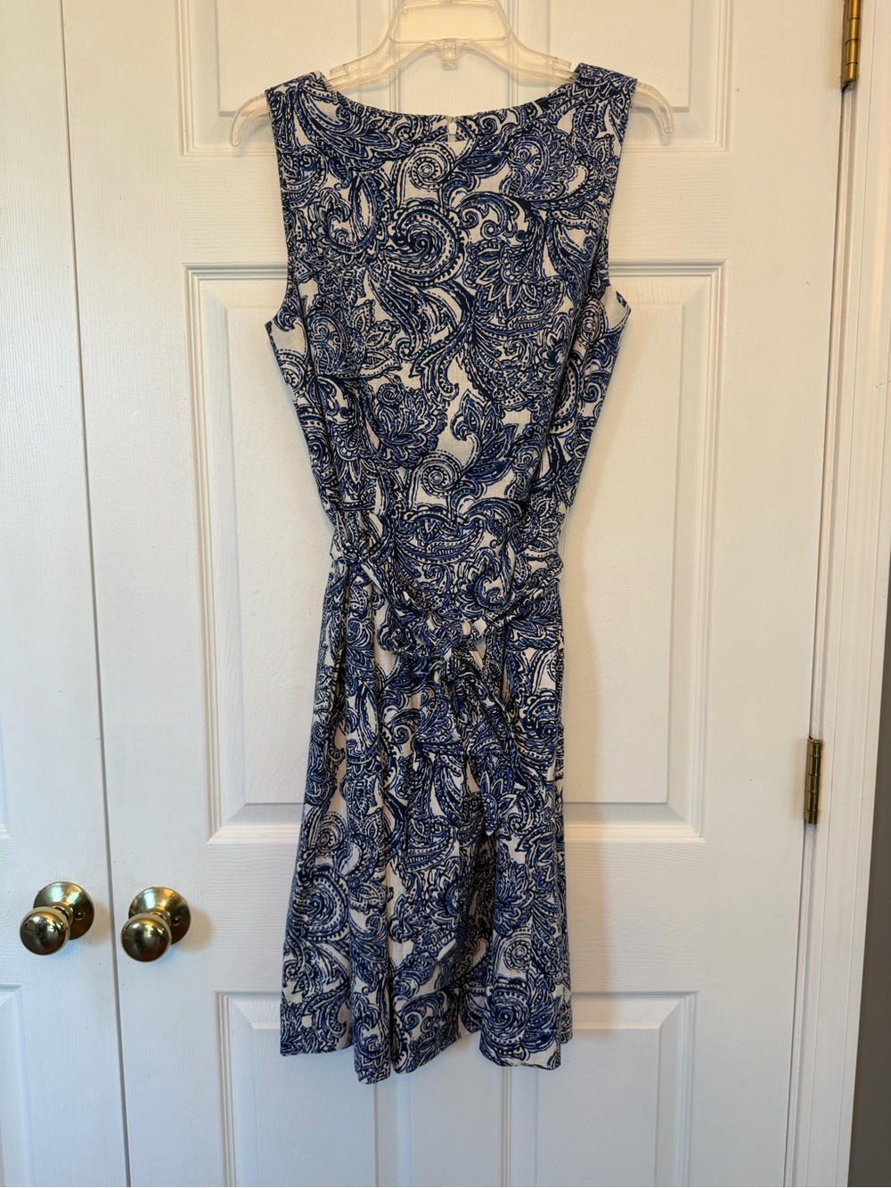 Anne Klein Navy and White Paisley Sleeveless Tie-Waist Midi Dress